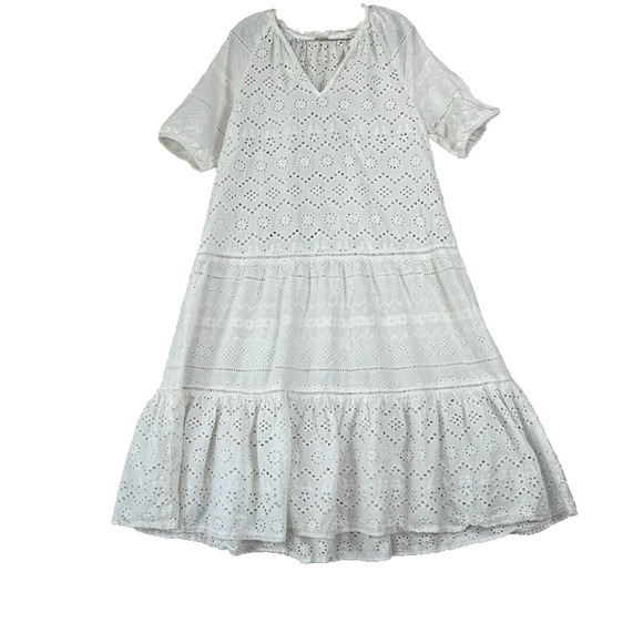 Reba Dress Womens L White Eyelet Paradise V-Neck Ruffle Midi Cotton Unlined - Picture 1 of 7